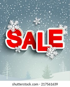 Sale inscription with snowflakes in paper style against the background of the winter forest, vector.