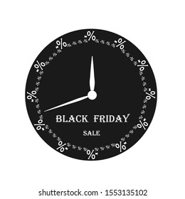 Sale of inscription with watches. Vector illustration. Silhouette of clock with typography. Advertising on Black Friday. Seasonal discount icon or banner template.