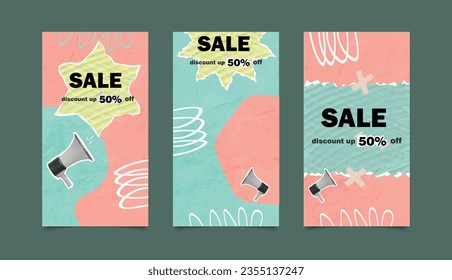 Sale Instagram stories, pop art. Loudspeaker announces crazy promotions. Doodle elements on retro poster. Stylish modern advertising poster design with green and yellow and orange elements.