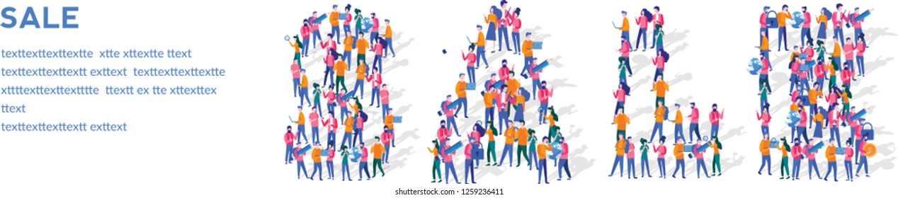 sale Isometric Vector Concept, Group of business people are gathered together in the shape of sale word, for web page, banner, presentation, social media, Crowd of little people. 