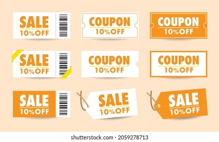 Sale item. Orange and yellow discount coupons. Illustration of a bargain tag. Material set.