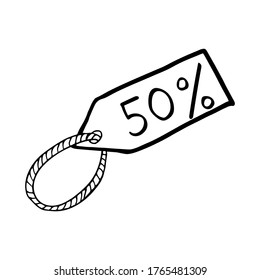 Sale label 50 %, isolated simple hand drawn vector illustration in black and white doodle style 