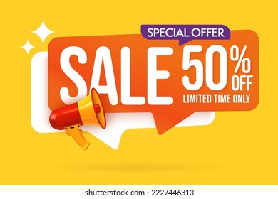 Sale label with 50 percent off. Special offer limited time only. Half price discount announcement. Bright design element template vector illustration with speech bubble and megaphone