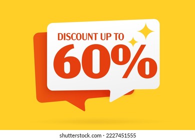 Sale label with 60 percent discount. Retail marketing promotion campaign, special price clearance concept. Cartoon label or sticker banner with speech bubble design and promo text vector illustration