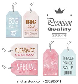 Sale label advertising design with light pink brown blue white watercolor summer on mid year sale.Vintage logo