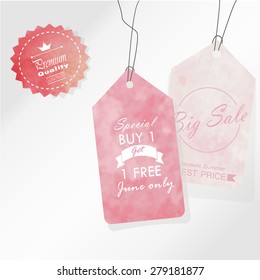 Sale label advertising design with pink watercolor summer on midyear sale.Vintage logo with star and rope