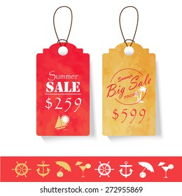 Sale label advertising design with red brown watercolor summer on midyear sale.Vintage logo with rope