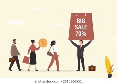 Sale label, big discount concept. Businessman holding giant red shopping bag. Retail, supermarket shopping. Marketing promotion campaign, business. Customers going on sale. flat vector illustration