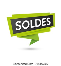 Sale label, black and green colored, in French language. Vector icon isolated on white.