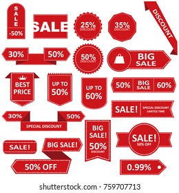 Sale Label collection. Sale icons. Sale tags. Sale and Discount red ribbons, banners and icons. Shopping Tags.