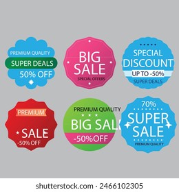 Sale Label collection set. Set ribbon banner and label sticker sale offer and badge tag sale advertising. Discount red ribbons, banners and icons. Cffer discount coupons. Vector illustration.