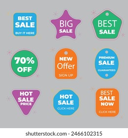 Sale Label collection set. Set ribbon banner and label sticker sale offer and badge tag sale advertising. Discount red ribbons, banners and icons. Cffer discount coupons. Vector illustration.