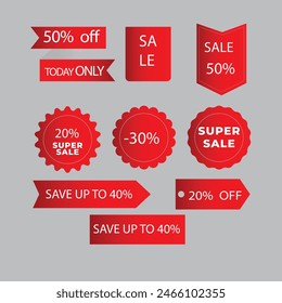 Sale Label collection set. Set ribbon banner and label sticker sale offer and badge tag sale advertising. Discount red ribbons, banners and icons. Cffer discount coupons. Vector illustration.