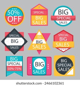 Sale Label collection set. Set ribbon banner and label sticker sale offer and badge tag sale advertising. Discount red ribbons, banners and icons. Cffer discount coupons. Vector illustration.