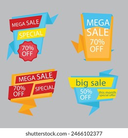 Sale Label collection set. Set ribbon banner and label sticker sale offer and badge tag sale advertising. Discount red ribbons, banners and icons. Cffer discount coupons. Vector illustration.