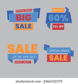 Sale Label collection set. Set ribbon banner and label sticker sale offer and badge tag sale advertising. Discount red ribbons, banners and icons. Cffer discount coupons. Vector illustration.