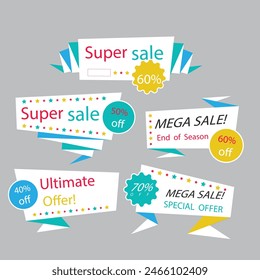 Sale Label collection set. Set ribbon banner and label sticker sale offer and badge tag sale advertising. Discount red ribbons, banners and icons. Cffer discount coupons. Vector illustration.