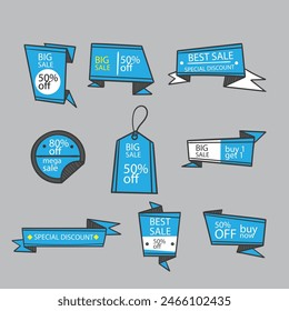 Sale Label collection set. Set ribbon banner and label sticker sale offer and badge tag sale advertising. Discount red ribbons, banners and icons. Cffer discount coupons. Vector illustration.