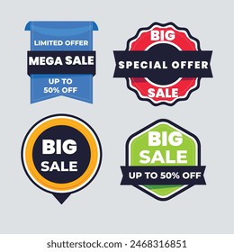 Sale Label collection set. Set ribbon banner and label sticker sale offer and badge tag sale advertising. Discount red ribbons, banners and icons. Cffer discount coupons. Vector illustration.