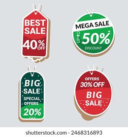 Sale Label collection set. Set ribbon banner and label sticker sale offer and badge tag sale advertising. Discount red ribbons, banners and icons. Cffer discount coupons. Vector illustration.
