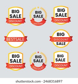 Sale Label collection set. Set ribbon banner and label sticker sale offer and badge tag sale advertising. Discount red ribbons, banners and icons. Cffer discount coupons. Vector illustration.