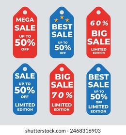 Sale Label collection set. Set ribbon banner and label sticker sale offer and badge tag sale advertising. Discount red ribbons, banners and icons. Cffer discount coupons. Vector illustration.