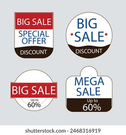 Sale Label collection set. Set ribbon banner and label sticker sale offer and badge tag sale advertising. Discount red ribbons, banners and icons. Cffer discount coupons. Vector illustration.