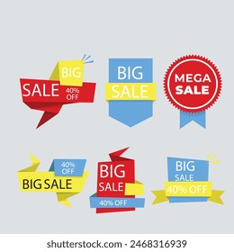 Sale Label collection set. Set ribbon banner and label sticker sale offer and badge tag sale advertising. Discount red ribbons, banners and icons. Cffer discount coupons. Vector illustration.