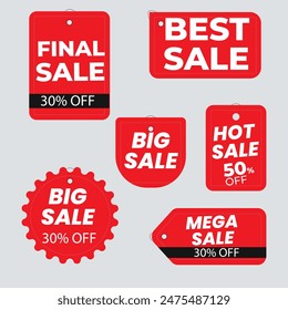 Sale Label collection set. Set ribbon banner and label sticker sale offer and badge tag sale advertising. Discount red ribbons, banners and icons. Cffer discount coupons. Vector illustration.