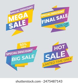 Sale Label collection set. Set ribbon banner and label sticker sale offer and badge tag sale advertising. Discount red ribbons, banners and icons. Cffer discount coupons. Vector illustration.
