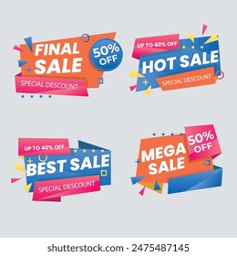 Sale Label collection set. Set ribbon banner and label sticker sale offer and badge tag sale advertising. Discount red ribbons, banners and icons. Cffer discount coupons. Vector illustration.