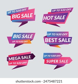 Sale Label collection set. Set ribbon banner and label sticker sale offer and badge tag sale advertising. Discount red ribbons, banners and icons. Cffer discount coupons. Vector illustration.