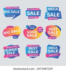 Sale Label collection set. Set ribbon banner and label sticker sale offer and badge tag sale advertising. Discount red ribbons, banners and icons. Cffer discount coupons. Vector illustration.