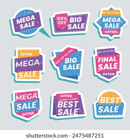 Sale Label collection set. Set ribbon banner and label sticker sale offer and badge tag sale advertising. Discount red ribbons, banners and icons. Cffer discount coupons. Vector illustration.