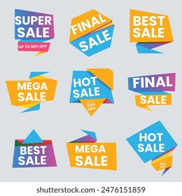 Sale Label collection set. Set ribbon banner and label sticker sale offer and badge tag sale advertising. Discount red ribbons, banners and icons. Cffer discount coupons. Vector illustration.