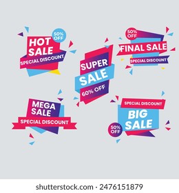 Sale Label collection set. Set ribbon banner and label sticker sale offer and badge tag sale advertising. Discount red ribbons, banners and icons. Cffer discount coupons. Vector illustration.