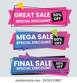 Sale Label collection set. Set ribbon banner and label sticker sale offer and badge tag sale advertising. Discount red ribbons, banners and icons. Cffer discount coupons. Vector illustration.