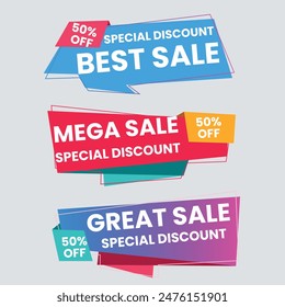 Sale Label collection set. Set ribbon banner and label sticker sale offer and badge tag sale advertising. Discount red ribbons, banners and icons. Cffer discount coupons. Vector illustration.