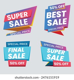 Sale Label collection set. Set ribbon banner and label sticker sale offer and badge tag sale advertising. Discount red ribbons, banners and icons. Cffer discount coupons. Vector illustration.