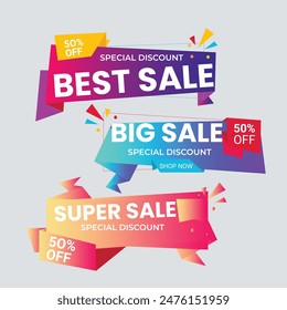 Sale Label collection set. Set ribbon banner and label sticker sale offer and badge tag sale advertising. Discount red ribbons, banners and icons. Cffer discount coupons. Vector illustration.