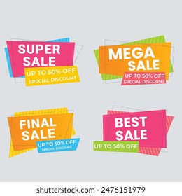 Sale Label collection set. Set ribbon banner and label sticker sale offer and badge tag sale advertising. Discount red ribbons, banners and icons. Cffer discount coupons. Vector illustration.