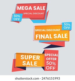 Sale Label collection set. Set ribbon banner and label sticker sale offer and badge tag sale advertising. Discount red ribbons, banners and icons. Cffer discount coupons. Vector illustration.