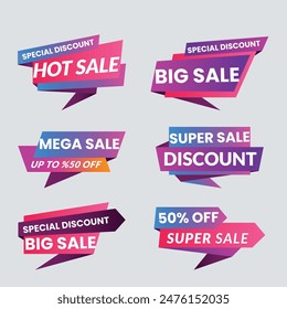 Sale Label-Kollektion festgelegt. Setzen Sie Farbband-Banner und Etiketten-Aufkleber-Verkaufsangebot und Plaketten-Tag-Verkauf Werbung. Rabatt rote Bänder, Banner und Symbole. Coupon für Preisnachlässe. Vektorillustration.