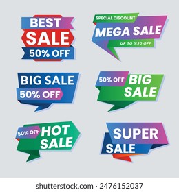 Sale Label collection set. Set ribbon banner and label sticker sale offer and badge tag sale advertising. Discount red ribbons, banners and icons. Cffer discount coupons. Vector illustration.