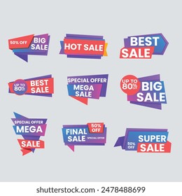 Sale Label collection set. Set ribbon banner and label sticker sale offer and badge tag sale advertising. Discount red ribbons, banners and icons. Cffer discount coupons. Vector illustration.