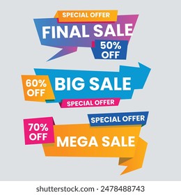 Sale Label collection set. Set ribbon banner and label sticker sale offer and badge tag sale advertising. Discount red ribbons, banners and icons. Cffer discount coupons. Vector illustration.