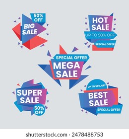 Sale Label collection set. Set ribbon banner and label sticker sale offer and badge tag sale advertising. Discount red ribbons, banners and icons. Cffer discount coupons. Vector illustration.