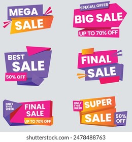 Sale Label collection set. Set ribbon banner and label sticker sale offer and badge tag sale advertising. Discount red ribbons, banners and icons. Cffer discount coupons. Vector illustration.