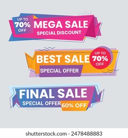 Sale Label collection set. Set ribbon banner and label sticker sale offer and badge tag sale advertising. Discount red ribbons, banners and icons. Cffer discount coupons. Vector illustration.