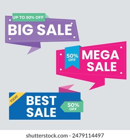 Sale Label collection set. Set ribbon banner and label sticker sale offer and badge tag sale advertising. Discount red ribbons, banners and icons. Cffer discount coupons. Vector illustration.